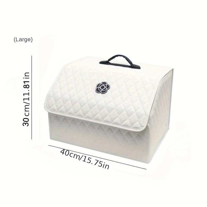 1pc Camellia Fashion Car Trunk Organizer, White Diamond Pattern with Handle and Camellia Logo
