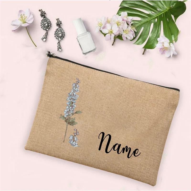 Personalized Customization Birth Month Date Flower Makeup Bag Women Travel Makeup Zipper Handbag Toilet Toiletries Wallet