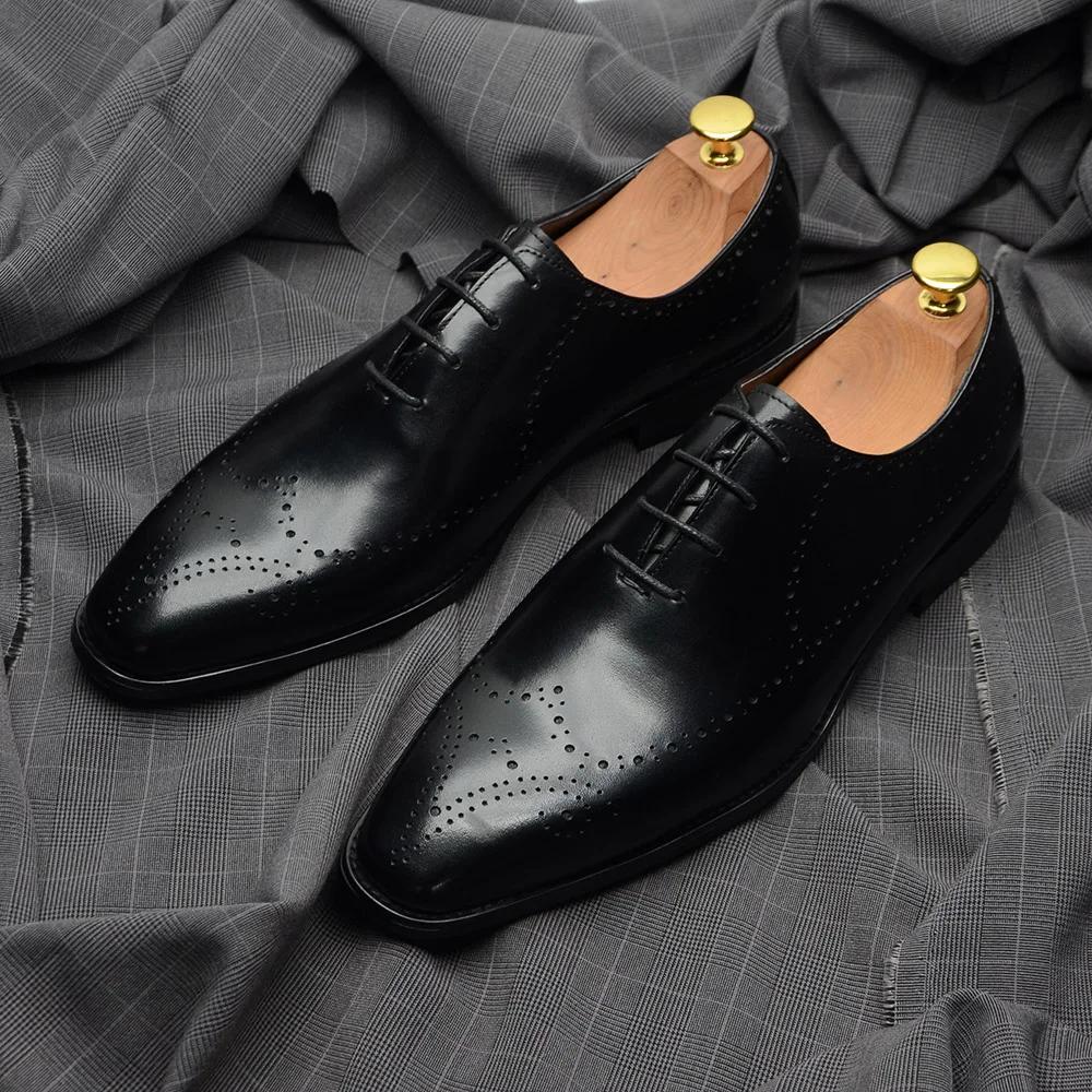 Classic Black Brown Men's Dress Shoes Business Genuine Leather Wingtip Oxfords Lace-Up Brogue Formal Shoes for Wedding Party