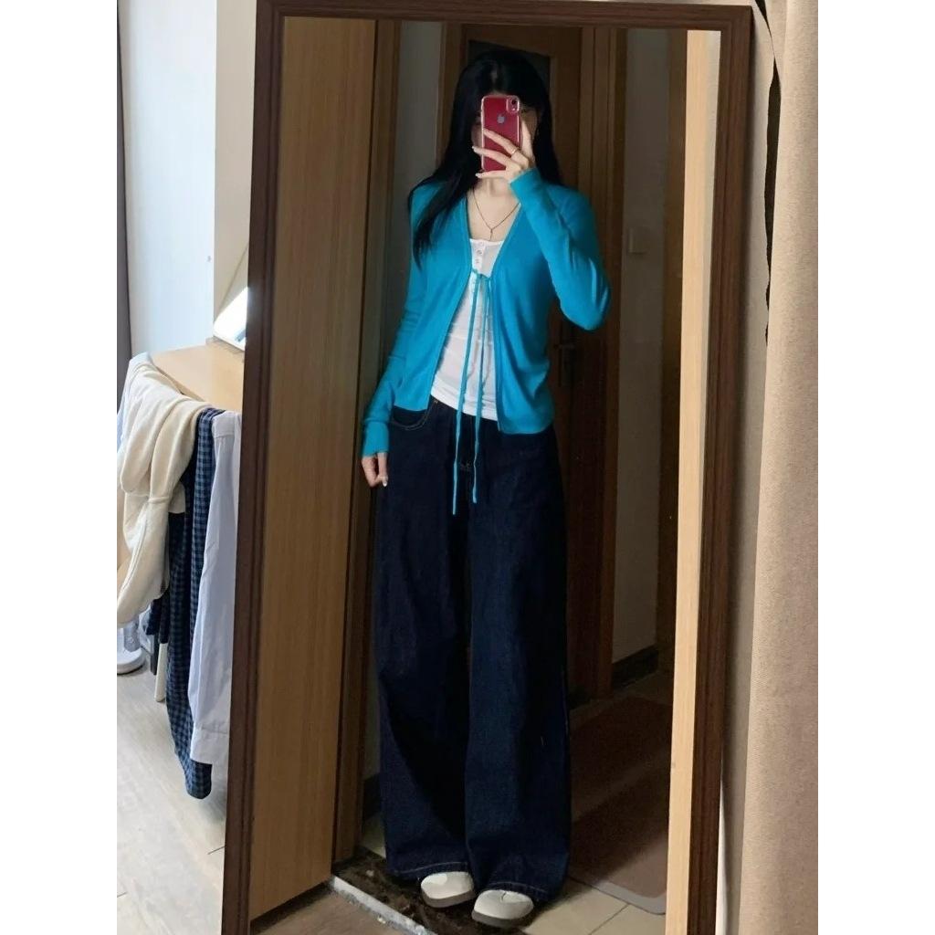 Korean version v-neck front shoulder slim-fitting pinched waist top lace-up knitted cardigan summer sun protection long-sleeved air-conditioning shirt