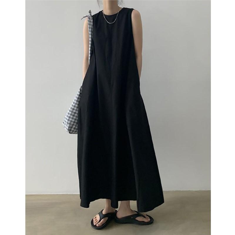 Johnature A-line Dresses Loose Korean Casual Solid Color Sleeveless Round Neck Dresses Women