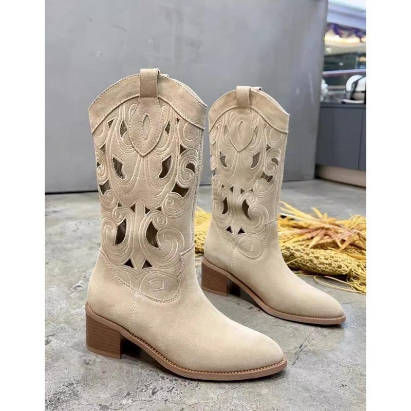 New summer flowers on the other side~ retro trend hollow embroidery breathable v-mouth western cowboy boots