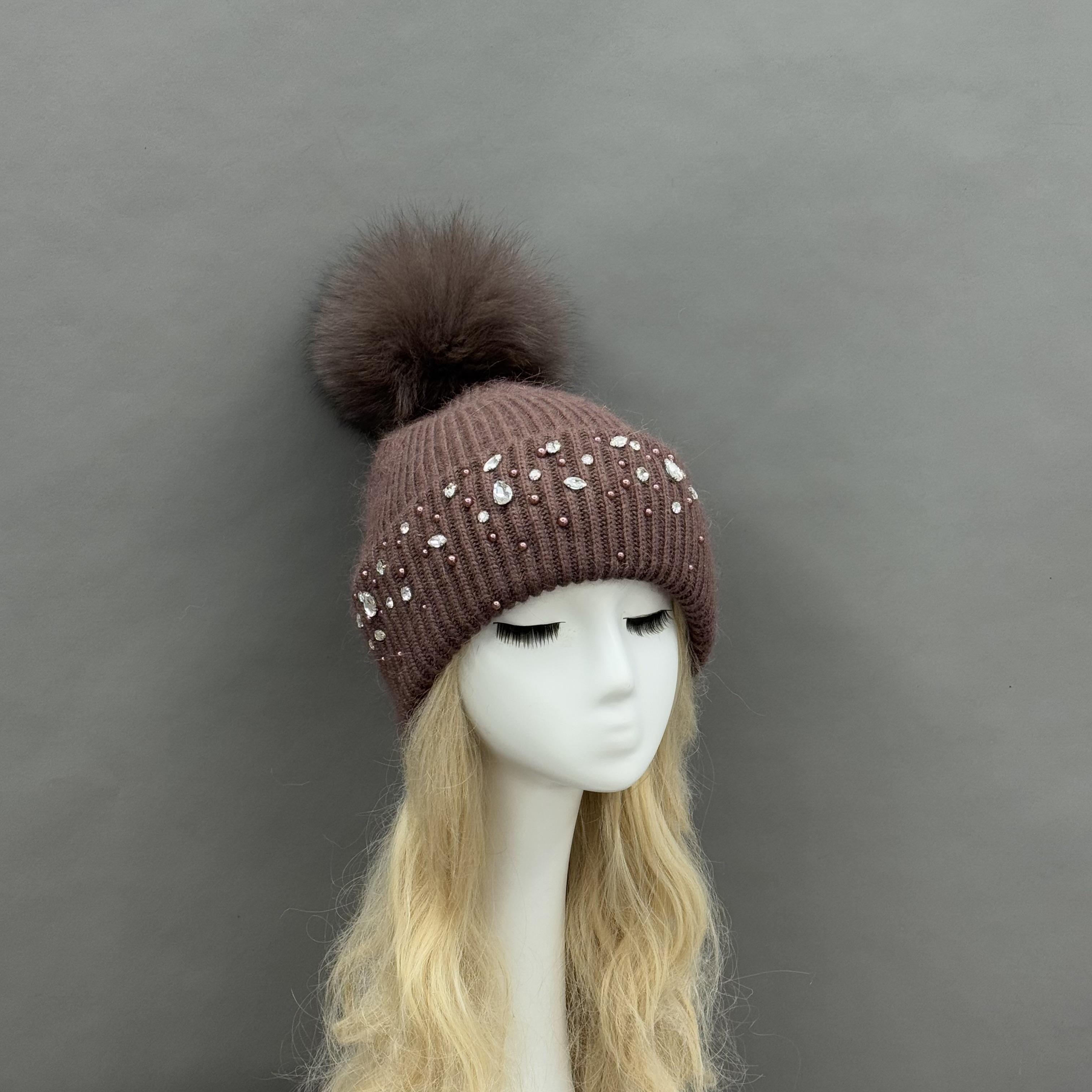 Janefur Retro Fashion Ladies Niche Style Angora Beanie Hat with Fur Pom Pom and Nail-shaped Diamonds Women s Fur Pom Knitted Hat коричневый
