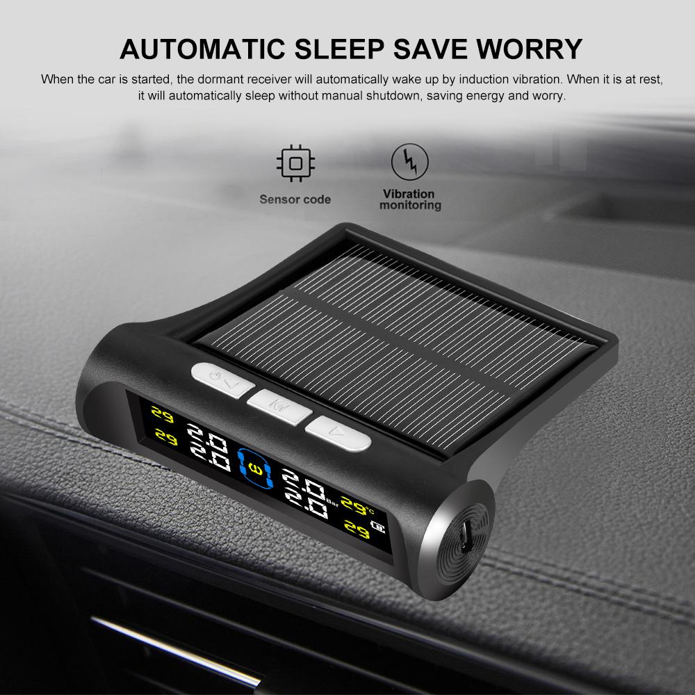 Universal All-Weather Solar/USB TPMS IPX7 Waterproof Tire Pressure Monitor System with Multi-Vehicle Support