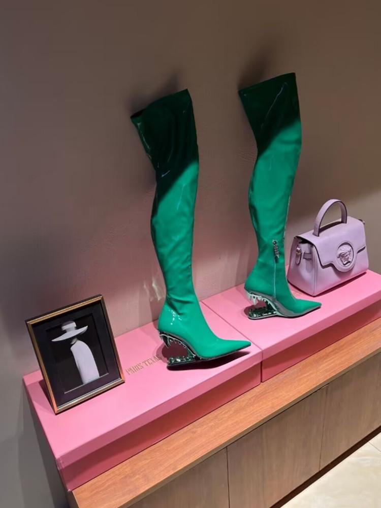 Fashion 2025 New Shaped Heel Tiger Teeth Design Over Knee Boots Pointed Super Fiber High Heel Boots European American 43 Women's Shoes