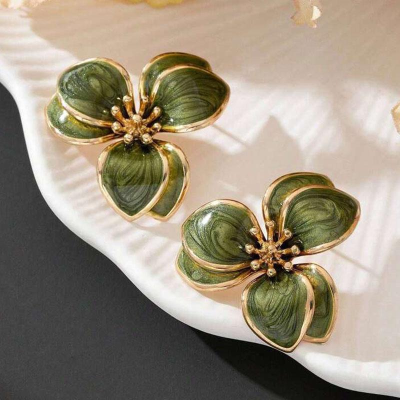 New Exquisite Design Green Color Double-Layer Petals Stud Earrings for Women Stylish  Personalization Charm Party Jewelry Gift