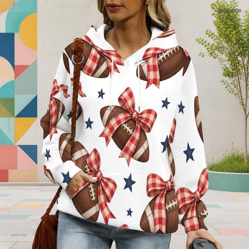 Women Plus Size White Football Star Print Long Sleeve Drawstring Hood Kangaroo Pocket Pullover Hoodie