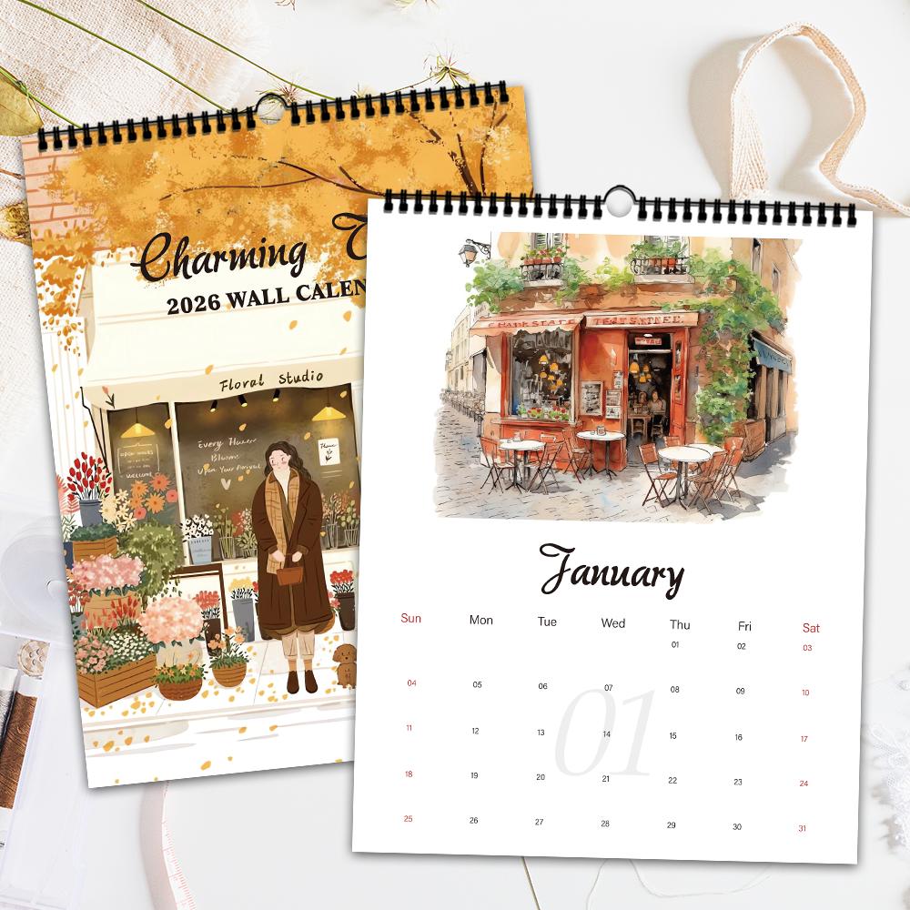 1pc 2026 Hand-Painted Illustration Healing Flower Shop Series Wall Calendar, 12 Designs, Ideal for Birthday, Christmas Gifts