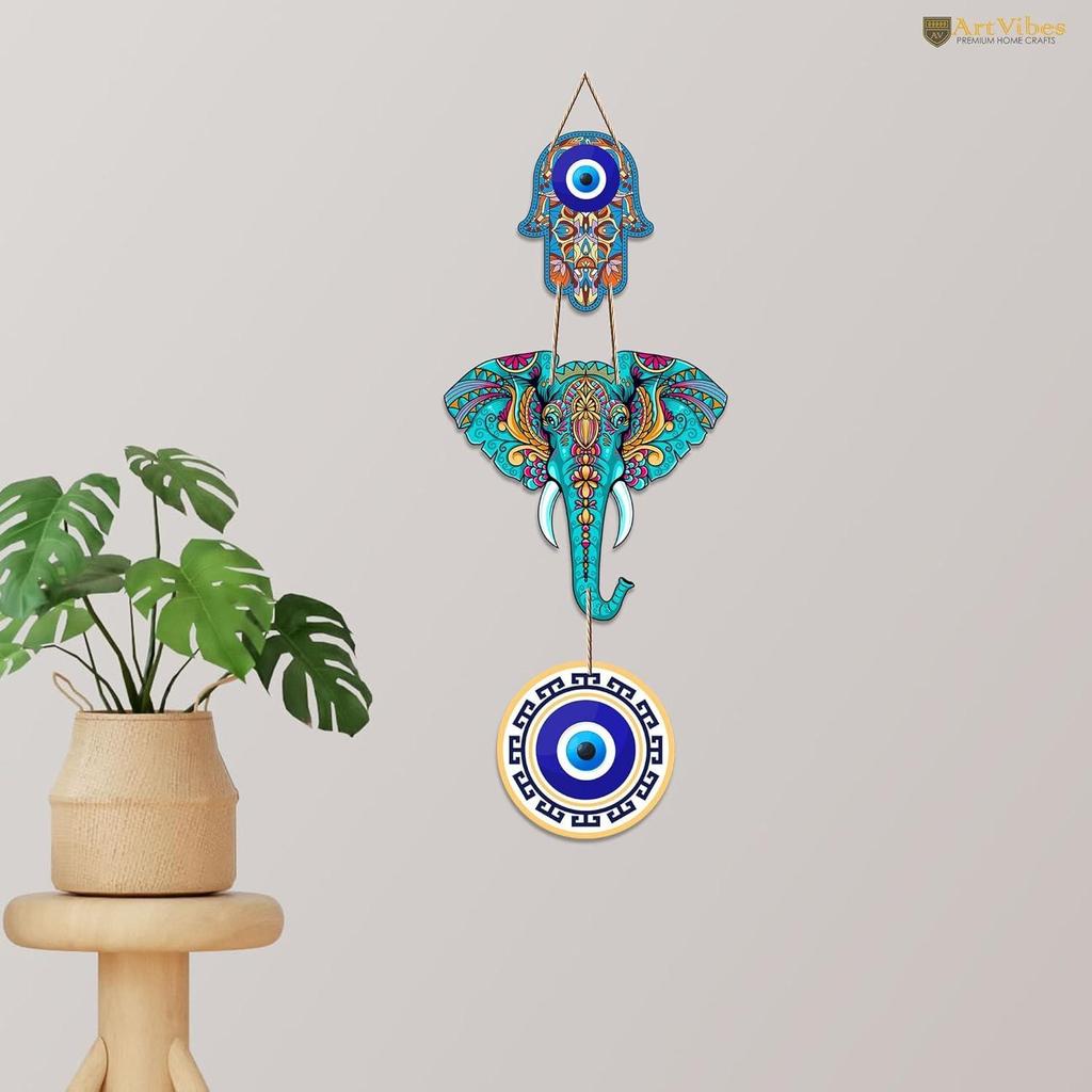Designer Elephant Wooden Wall Hanging for Home Decor | Hamsa Hand Decor for Living Room | Modern Artworks Items | Decorative Hanging