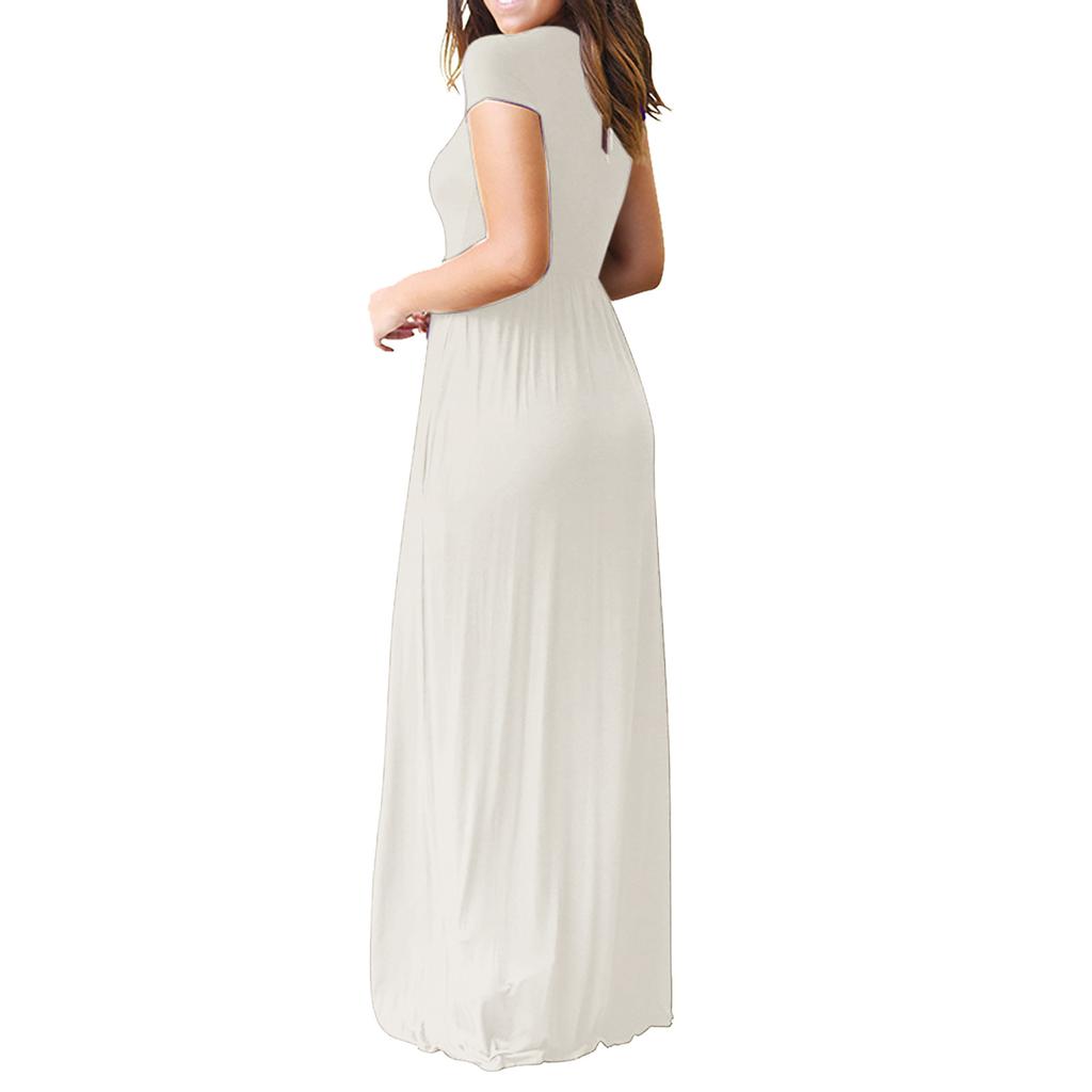 Women  Casual Pockets Short Sleeve Floor Length Dress Loose Party Dress