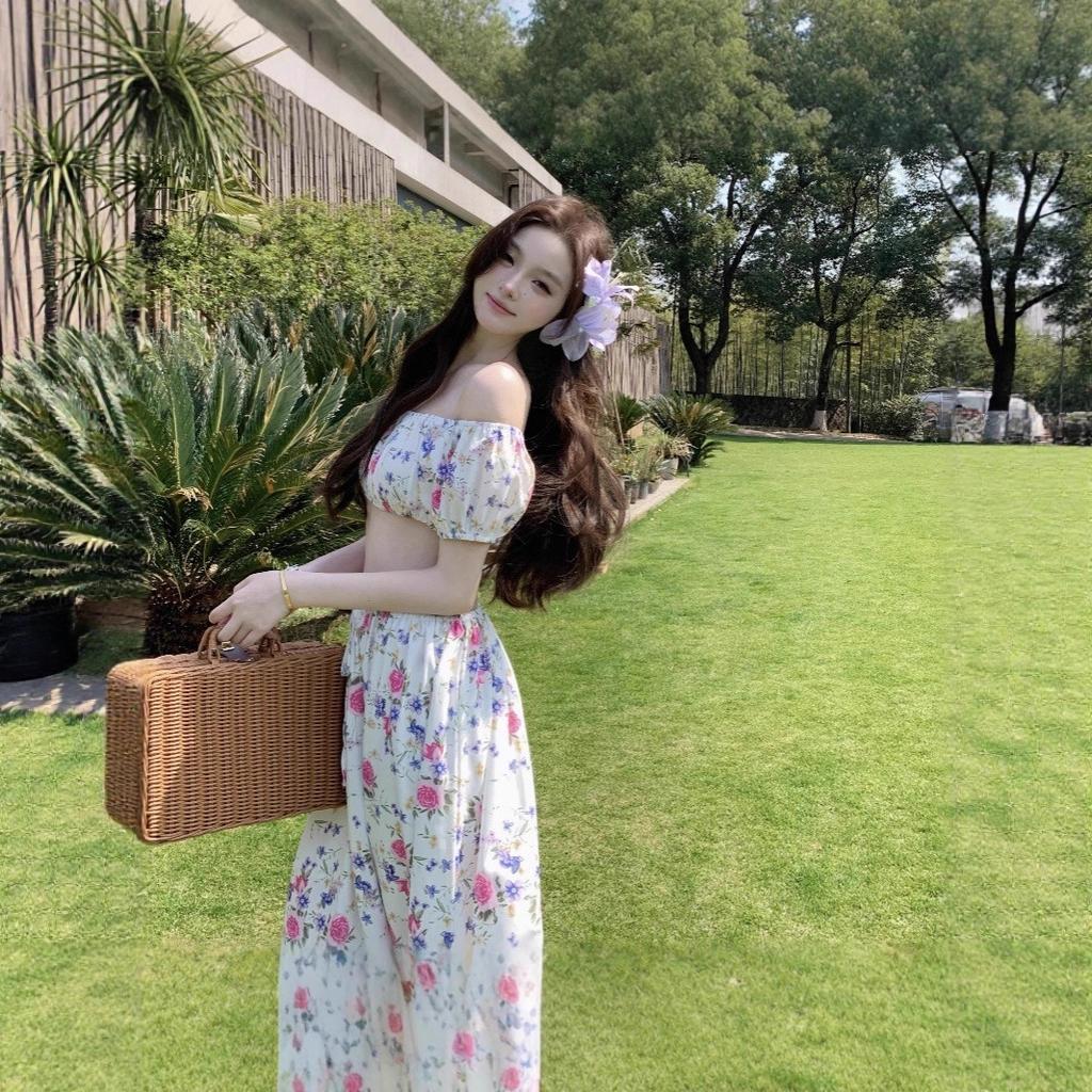 French one-word collar floral tube top spring and summer seaside vacation style skirt suit women
