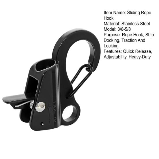 Stainless Steel Sliding Rope Hook Heavy Duty Pontoon Boat Fender Clamps Quick Release Adjustable Docking Clip for 3/8"-5/8" Rope