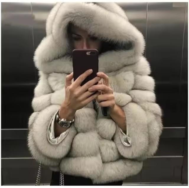 Europe and The United States Hot Sale Fur Coat with Hood Splicing Coat Imitation Fox Fur Fur Faux Fur