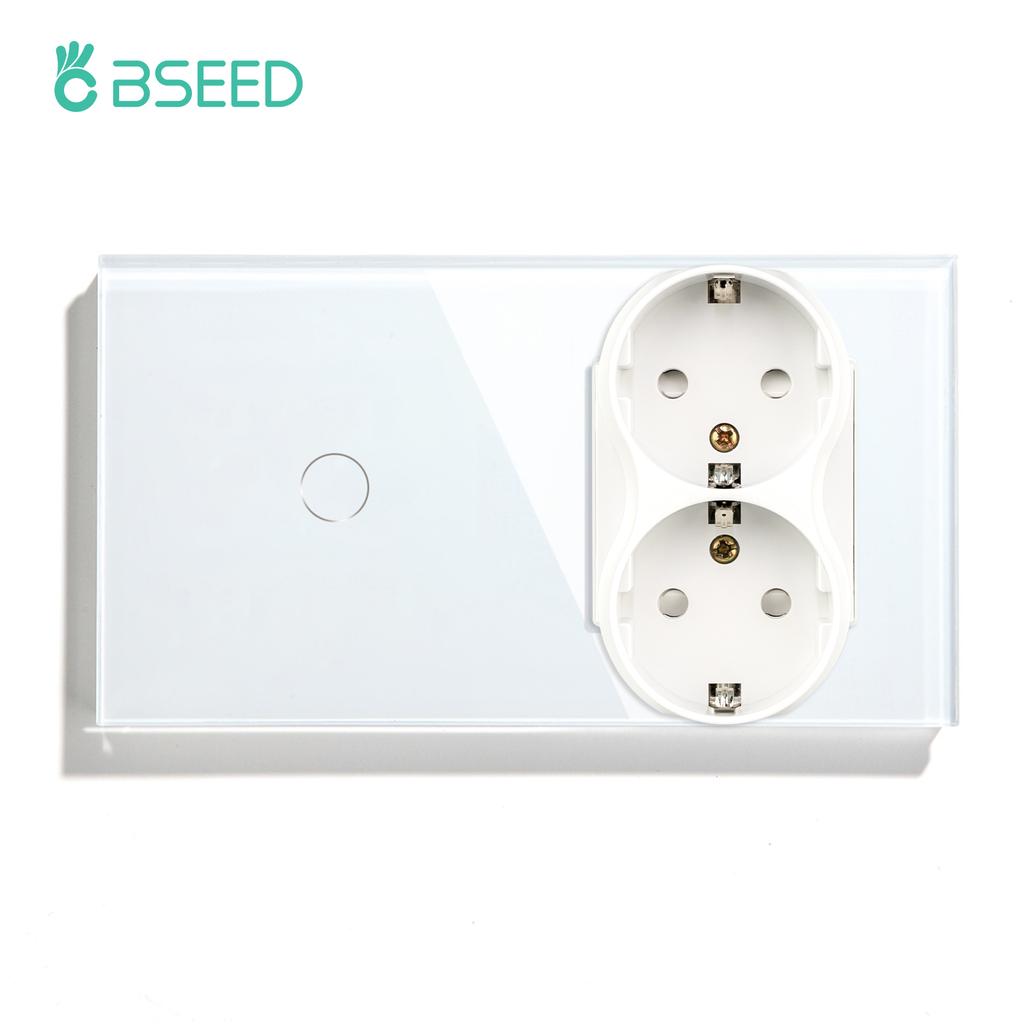 BSEED 1/2/3Gang Touch Light Switch With Power Socket 1Way Double EU Wall Sockets Dual Plug 16A Glass Panel Blue Backlight White