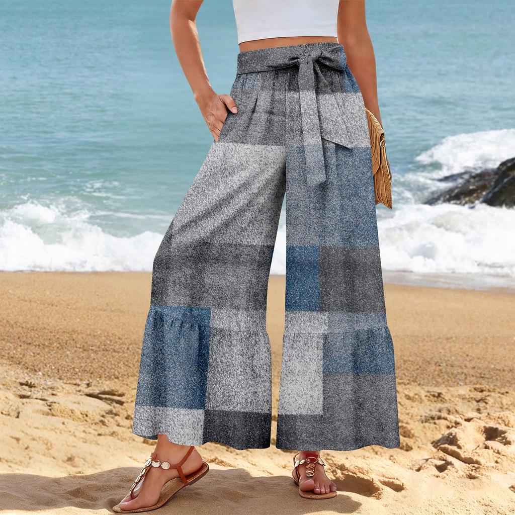 Women's Wide-Leg Casual Pants, Stretch, High Waist, Ruffled Hem, Wide Legs, Belted, And Pockets