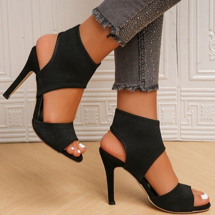 Fashion Women New Designer Knitted High Heels Sandals Summer 2025 Square Toe Thick Heeled Sandal Woman Sexy Slingbacks Black Party Shoes