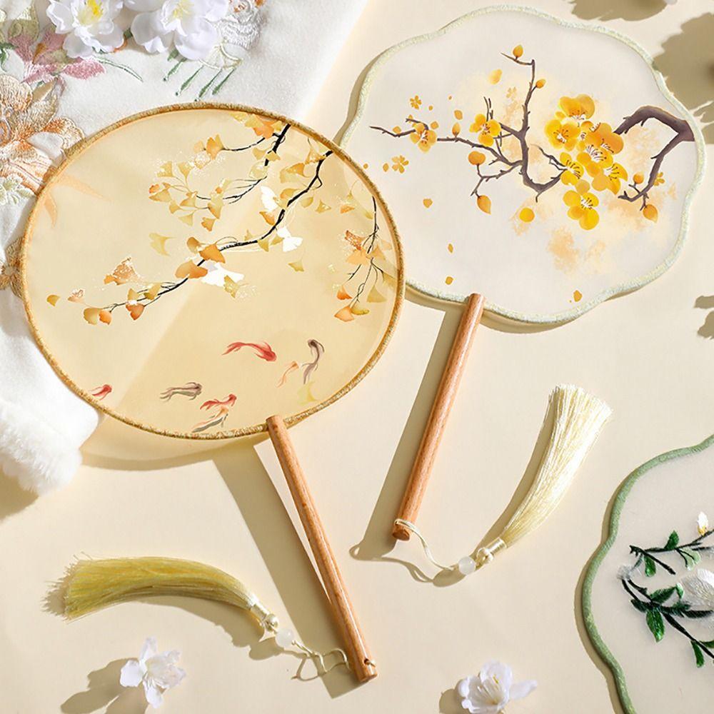 

1 шт., винтажный шелковый веер, древний китайский веер с кисточками, прочный круглый ручной веер