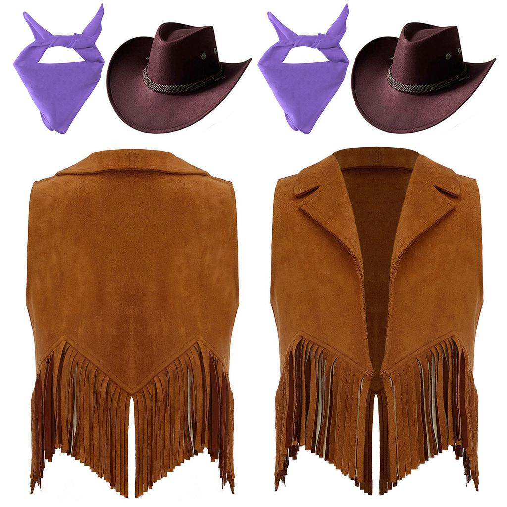 Kids Cowgirl Vest Suede Fringe Tassel Western Costume Set with Bandana Hat for Halloween Rodeo Role Play