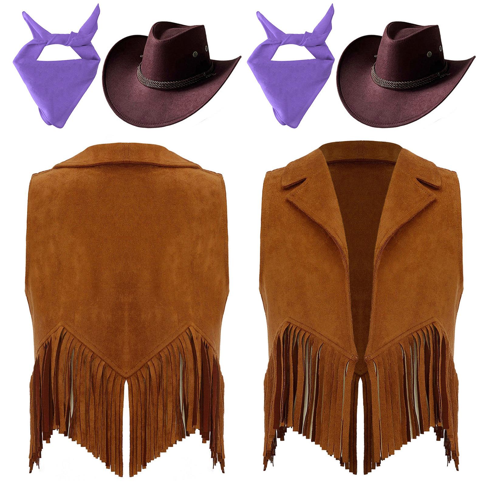 

Детский жилет ковбойский из замши с бахромой и кисточками, костюм в западном стиле с банданой и шляпой для Хэллоуина, ролевых игр на родео 5-6 Years коричневый/фиолетовый