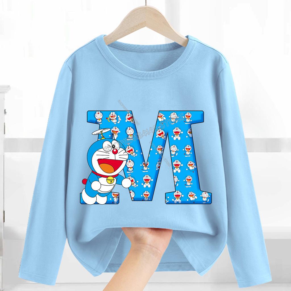 Doraemon Long Sleeve for Women Cartoon A-Z Letter Clothing Caftan Anime Clothes Blue Round Collar Blouse Gift