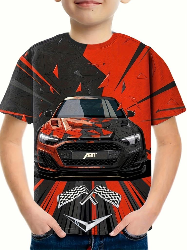 Summer Fashion Racing Car Pattern 3D Print Boys Creative T Shirt Casual Lightweight Short Sleeve Crew Neck Tee Tops