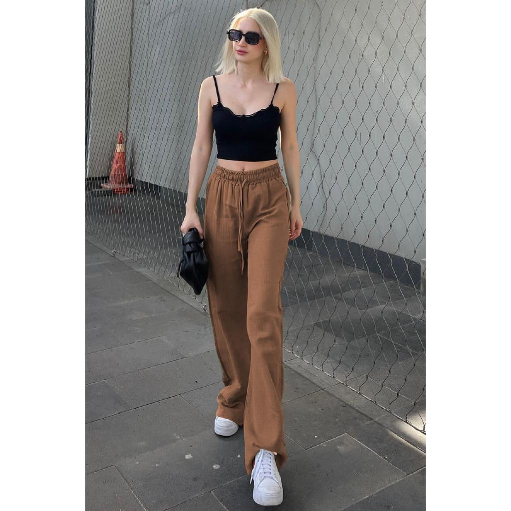 Grüne Weitbeinige Musselin Damen Hose Mg1980