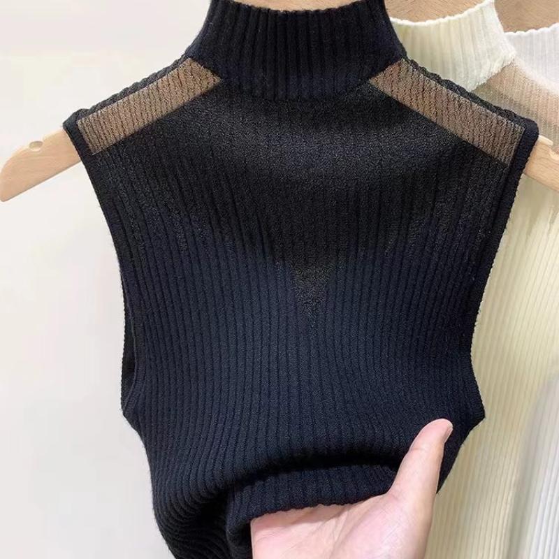 Síťovaný pletený top dámský Y2K tílko poloviční rolák vesta dámský svetr bez rukávů šik výřez streetwear jednobarevný přiléhavý trubkový top