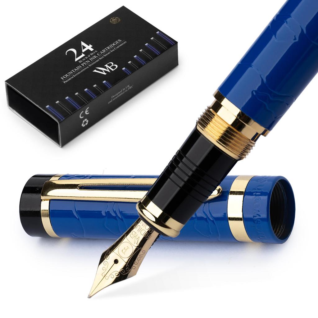 Wordsworth Black Primoli Fountain Pen Set Fine Gift 24 Ink Smooth and & [Blue Gold]; Nib, Case, Cartridges, Converter, Manual; Journaling,