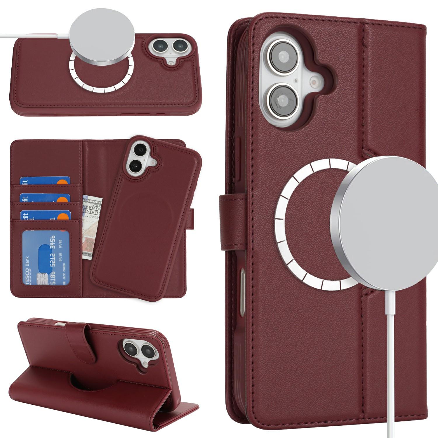 

For iPhone 16 Plus Wallet Case Compatible with MagSafe Anti-Drop Detachable PU Leather Phone Cover E