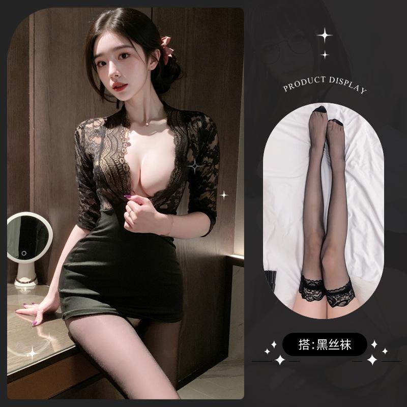 Sex Underwear Skinny Hip Skirt Sexy Secretary Uniform Seduction Deep V Breast Lace Sex Clothing