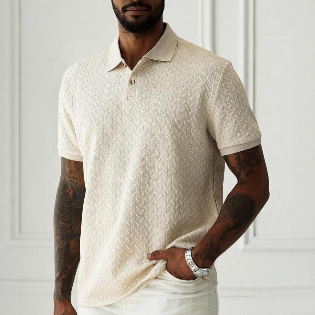 Men's Summer Jacquard Polo Shirt Short Sleeve Business Casual Collared Top Lightweight Breathable Fabric Comfortable Fit