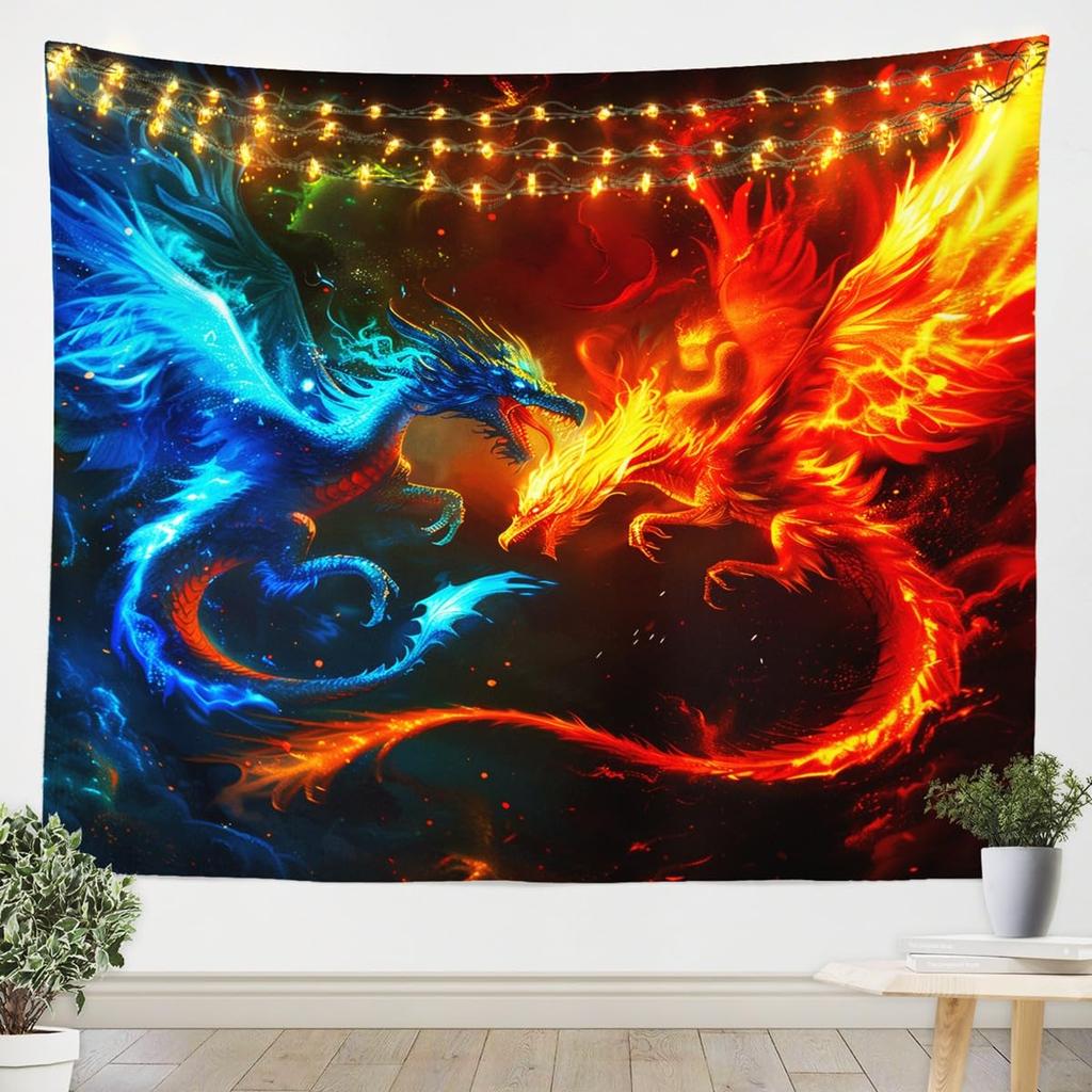 Fire & Ice Phoenix Tapestry, Red Blue Mythical Birds on Black Starry Background, Wall Hanging for Fantasy Aesthetic Decor