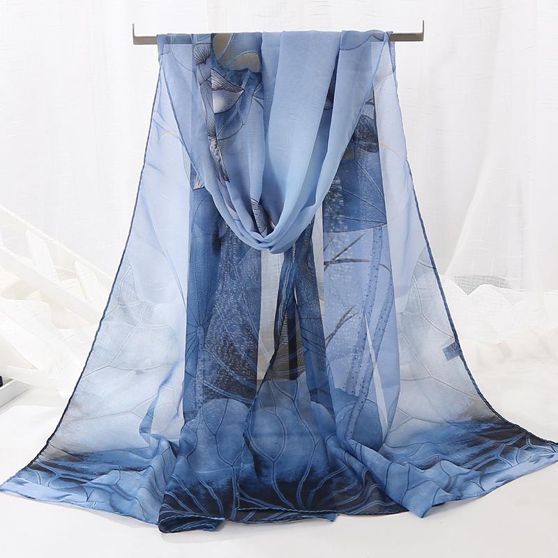 Chiffon Lotus Print Long Scarf - Lightweight, Thin Spring/Autumn Silk Accessory for Middle-Aged & Elderly