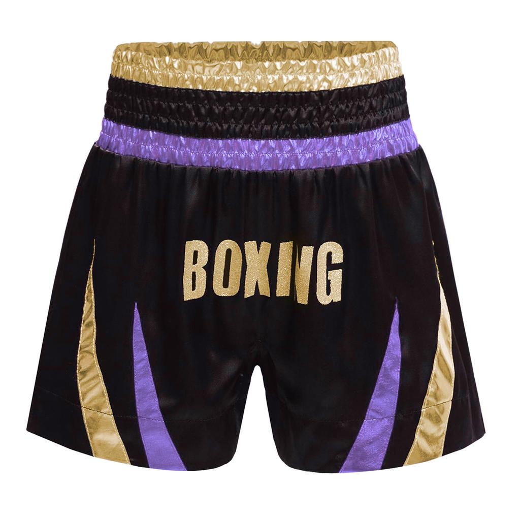 Jungen Glänzende Buchstaben Aufdruck Boxershorts Farbblock Metallisches Patchwork Seitenschlitz Satin Boxen Trainingsshorts