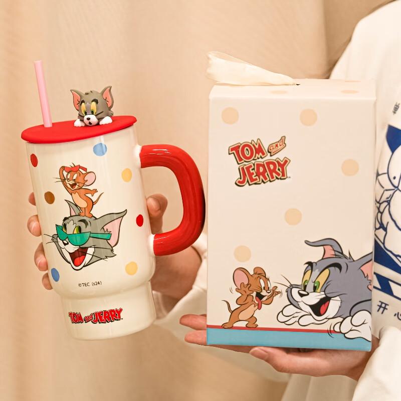 Cat and Mouse Large Ceramic Lidded Mug with Straw