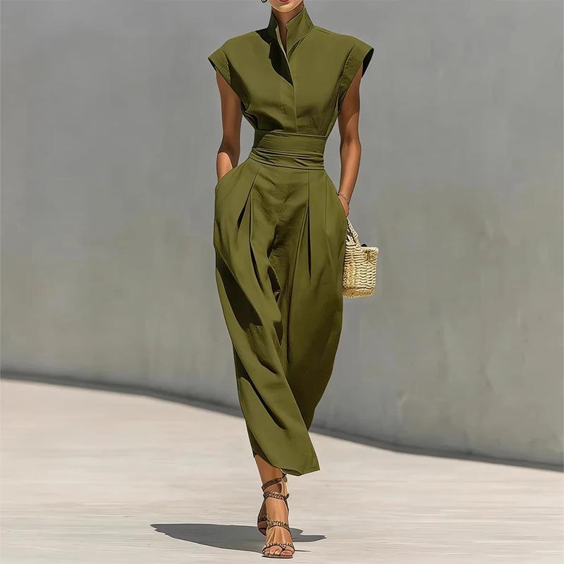 Spring new women's clothing, European and American, fashion temperament elegant solid color waist dress