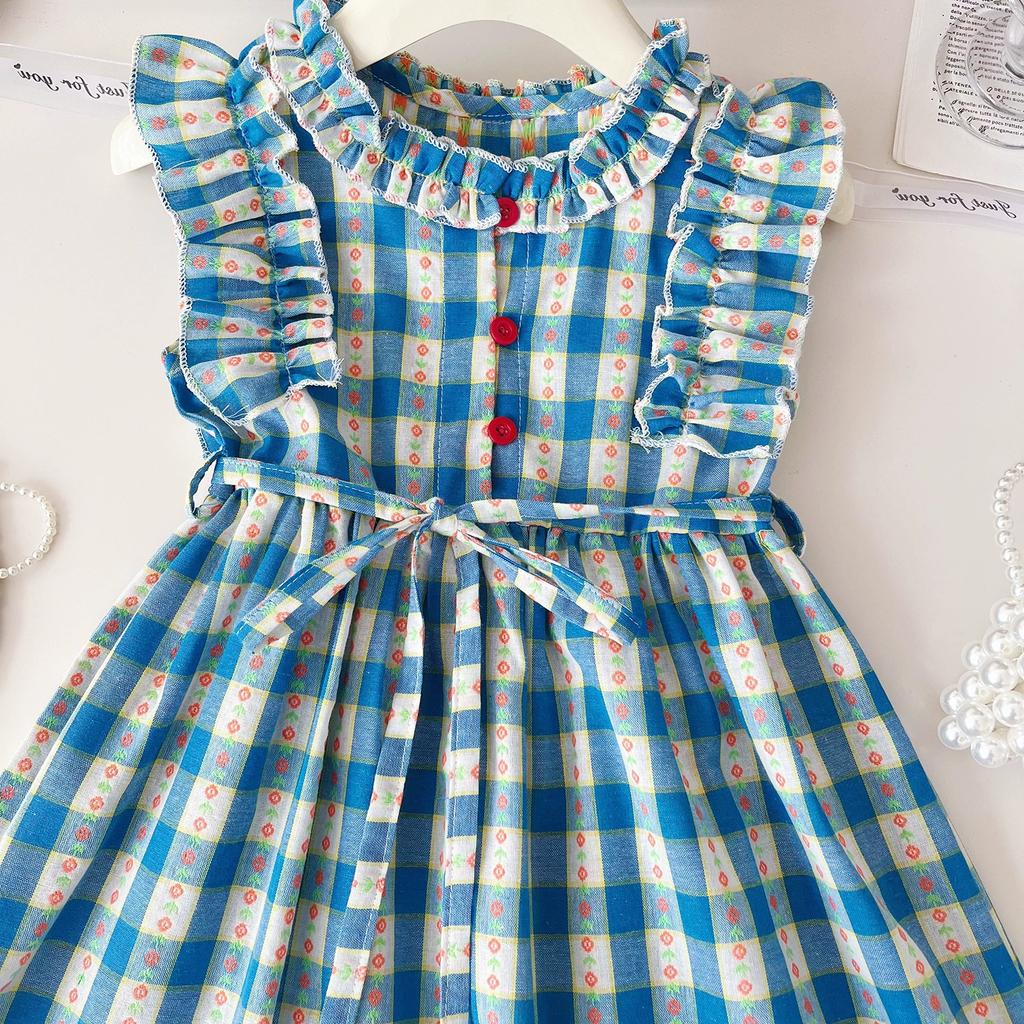 Girls' Princess Dress Plaid Vest Dress, Children's Flying Sleeve Dress, Summer Casual Girls' Dress