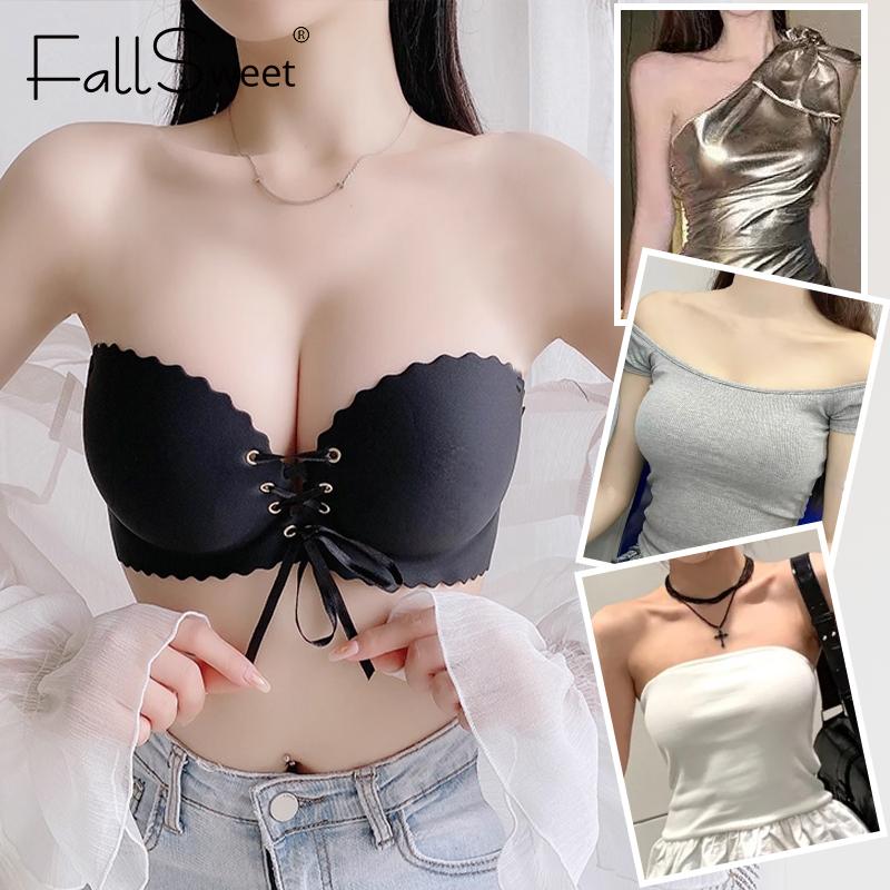 Strapless Push Up Bra for Women Seamless Brasssiere Sexy Lace-Up Bra Small Chest Gathered Bras Wireless Ladies Lingerie