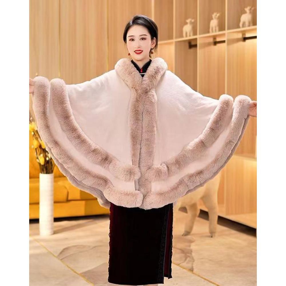 Women's Coat Autumn and Winter New Large Size Imitation Fur Collar Shawl Fur Hooded Knitted Cardigan Shawl Cape Jacket