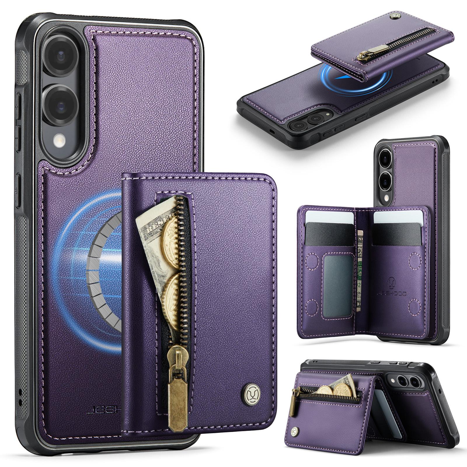 

For Samsung Galaxy S25 Edge Case JEEHOOD J12 Magnetic Detachable Zipper Wallet Kickstand Leather Back Cover Magnetic Case