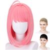 CaseEden Cosplay Wig, Short, 40cm, Center Part, Heat Resistant, Pink, Set of 2 Wig Nets (WIG6015)