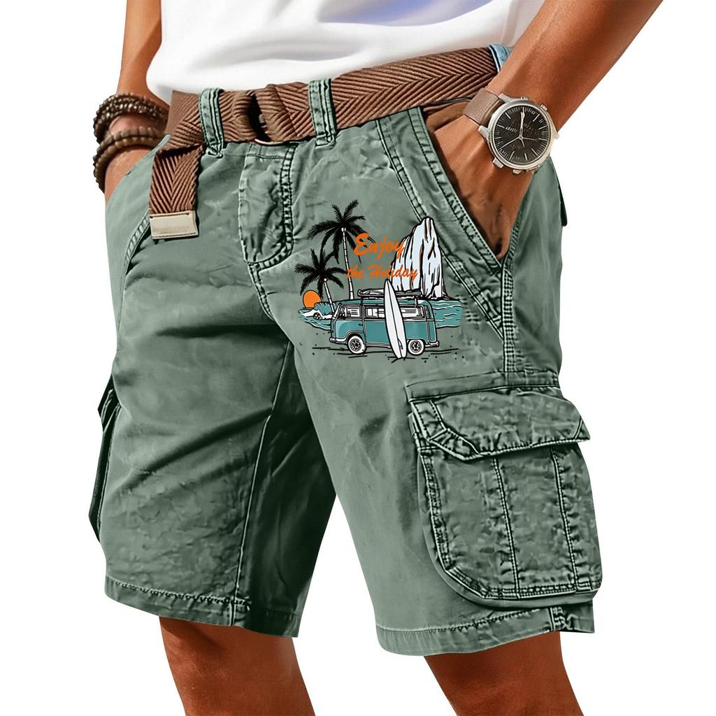 Men's Summer Printed Casual Multi Pocket Cargo Shorts Without Belt Loose Fit Cotton Fabric Classic Style