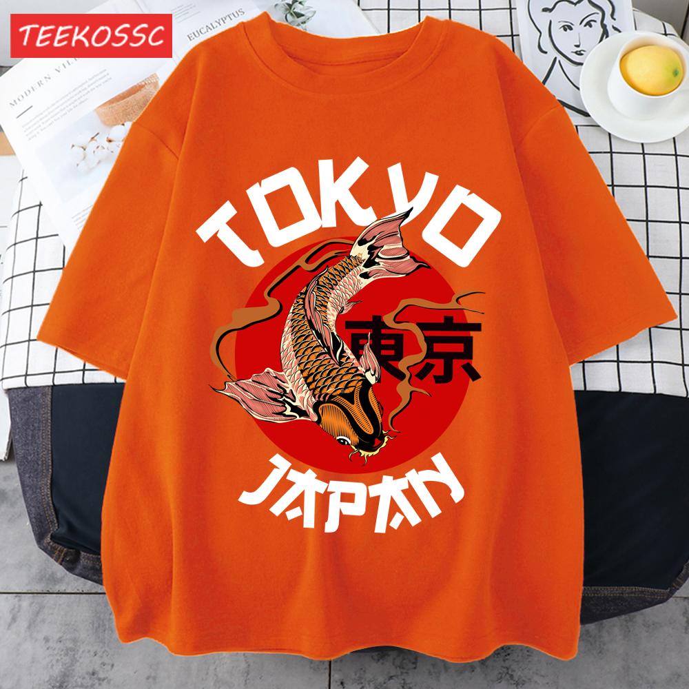 Harajuku Tokyo Japan Koi Fish Print Men T Shirts Hip Hop ONeck TShirt Soft Cotton Male Sportswear Casual Comfortable Clothes