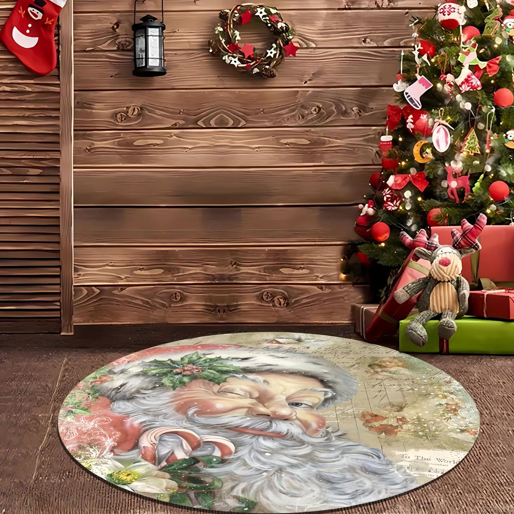 Christmas Santa Claus Pattern Round Shape Floor Mats Kitchen Hallway Runner Rug Bedroom Living Room Soft Carpet Non-slip Area Rug