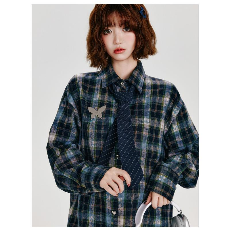 Plaid Lace Women Shirt Long Sleeved Patchwork New Blouse Autumn Loose American Style Woman Trendy Shirts