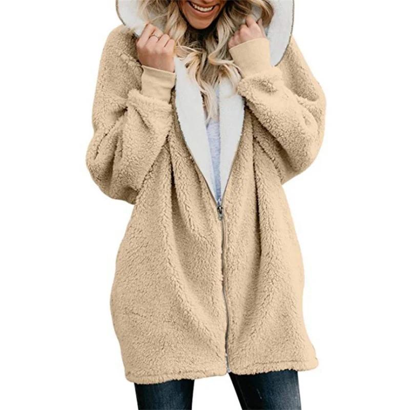 Winter Verdicktes Felliges Kapuzen-Sweatshirt Damen Locker Bequem Lässig Oberbekleidung Weiblich Einfarbig Warm Reißverschluss Strickjacke Kapuzenpullover