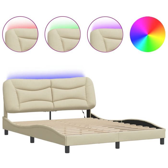 VidaXL Cadre de Lit avec Lumières LED, Lit Double avec Coussin de Tête de Lit, Lit Adulte, Meuble de Chambre, Moderne, Crème 3213716