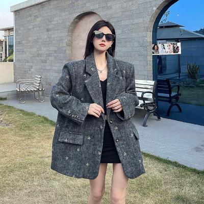 Women Bow Embroidery Tweed Suit Jacket Autumn Winter Thickened Shoulder Pad Wool Blazer Unique Design