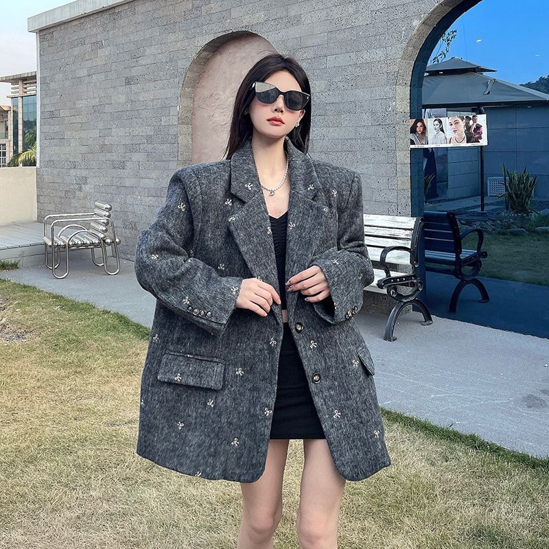 Women Bow Embroidery Tweed Suit Jacket Autumn Winter Thickened Shoulder Pad Wool Blazer Unique Design