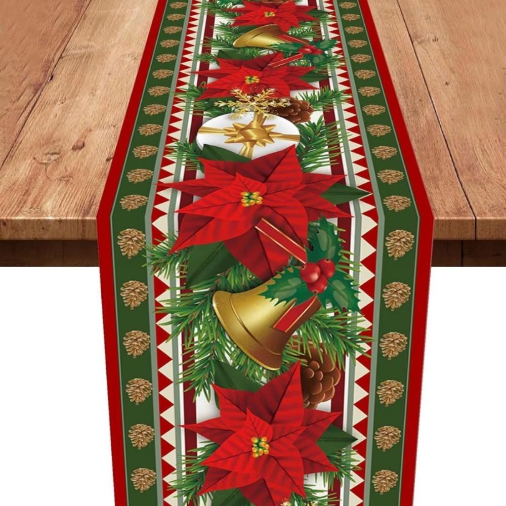 Poinsettia Flower Pattern Christmas Table Runner Long Length Rectangular Shape Table Decor Cloth Linen Material